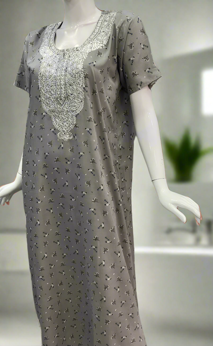 Grey Embroidery Soft Cotton Nighty. Soft Breathable Fabric | Laces and Frills