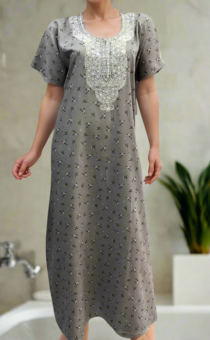 Grey Embroidery Soft Cotton Nighty. Soft Breathable Fabric | Laces and Frills