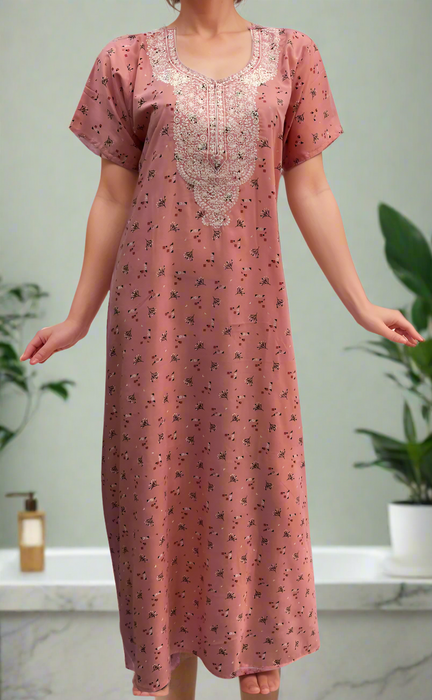 Peach Embroidery Soft Cotton Nighty. Soft Breathable Fabric | Laces and Frills