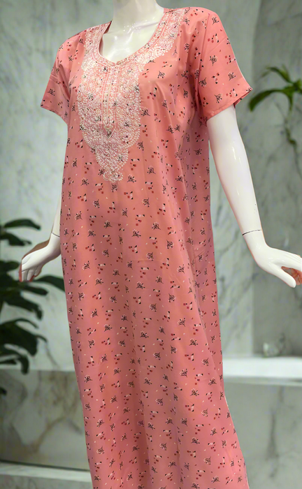 Peach Embroidery Soft Cotton Nighty. Soft Breathable Fabric | Laces and Frills