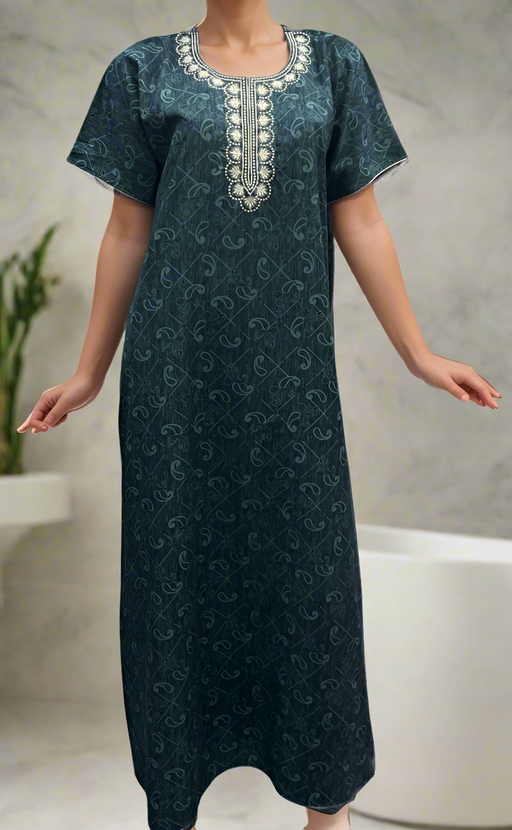 Teal Blue Embroidery Soft Cotton Nighty. Soft Breathable Fabric | Laces and Frills