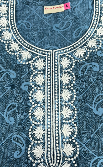 Teal Blue Embroidery Soft Cotton Nighty. Soft Breathable Fabric | Laces and Frills