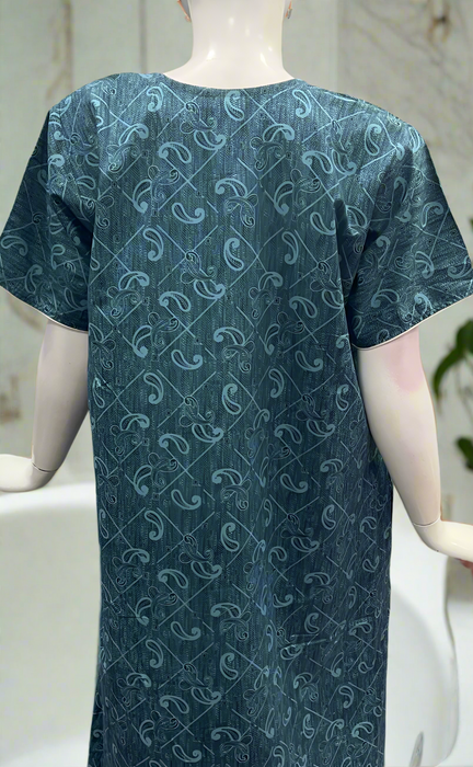 Teal Blue Embroidery Soft Cotton Nighty. Soft Breathable Fabric | Laces and Frills