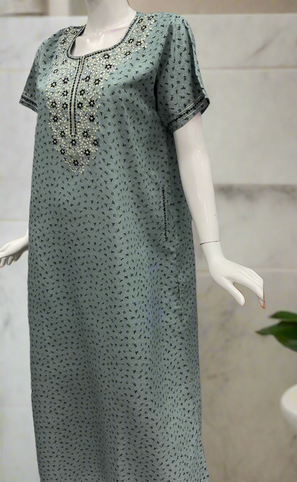 Pista Green Embroidery Soft Cotton Nighty. Soft Breathable Fabric | Laces and Frills