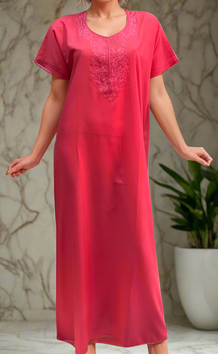 Peach/Pink Embroidery Soft Cotton Nighty. Soft Breathable Fabric | Laces and Frills