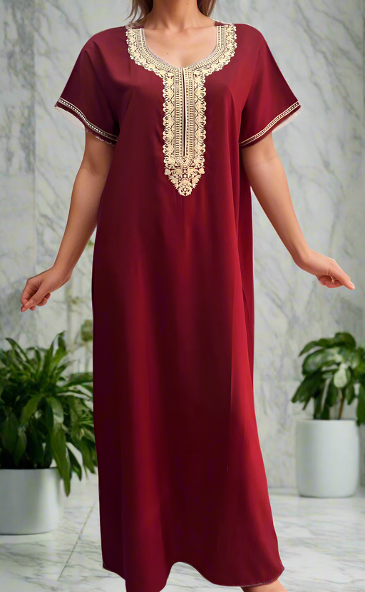 Maroon Embroidery Soft Cotton Nighty. Soft Breathable Fabric | Laces and Frills