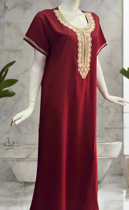 Maroon Embroidery Soft Cotton Nighty. Soft Breathable Fabric | Laces and Frills