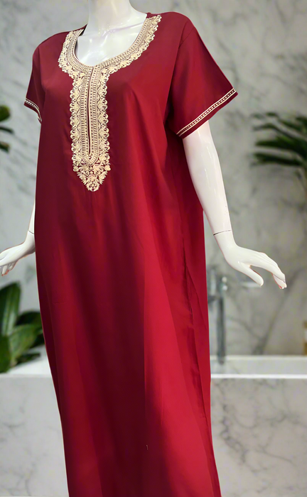 Maroon Embroidery Soft Cotton Nighty. Soft Breathable Fabric | Laces and Frills