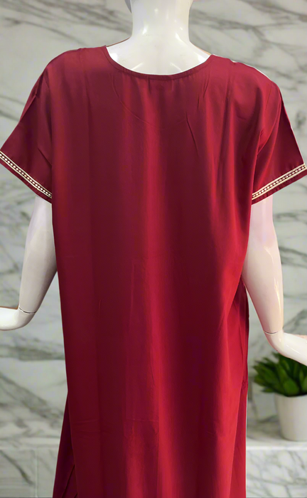 Maroon Embroidery Soft Cotton Nighty. Soft Breathable Fabric | Laces and Frills