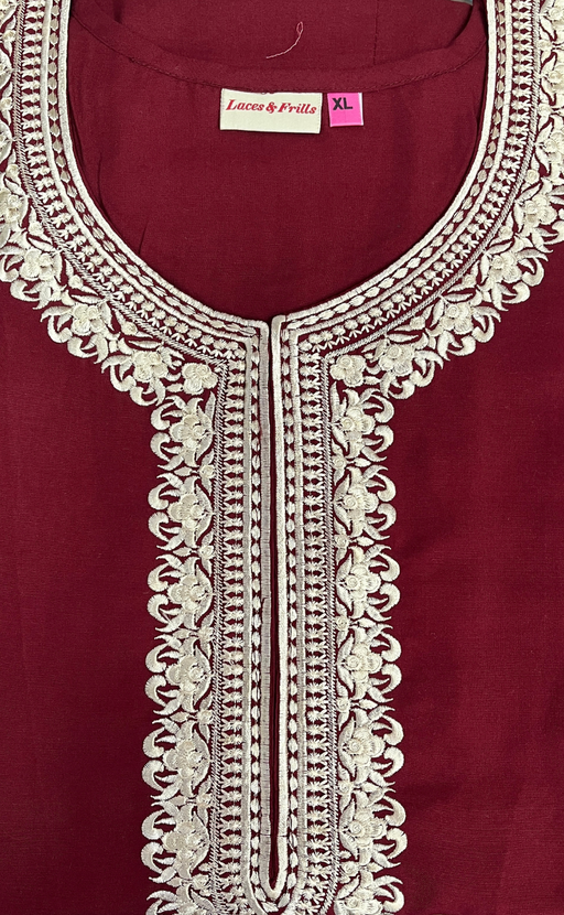 Maroon Embroidery Soft Cotton Nighty. Soft Breathable Fabric | Laces and Frills