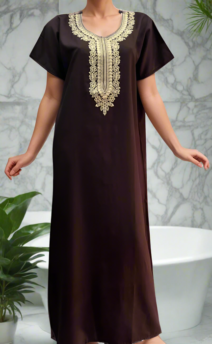 Brown Embroidery Soft Cotton Nighty. Soft Breathable Fabric | Laces and Frills