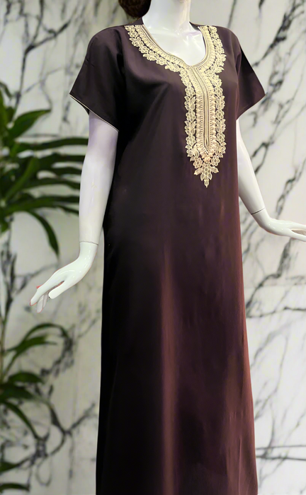 Brown Embroidery Soft Cotton Nighty. Soft Breathable Fabric | Laces and Frills