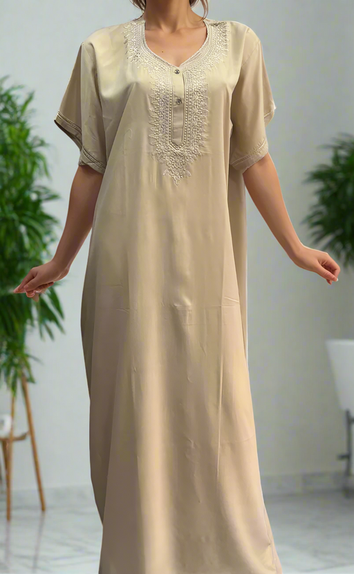 Beige Embroidery Soft Cotton Nighty. Soft Breathable Fabric | Laces and Frills