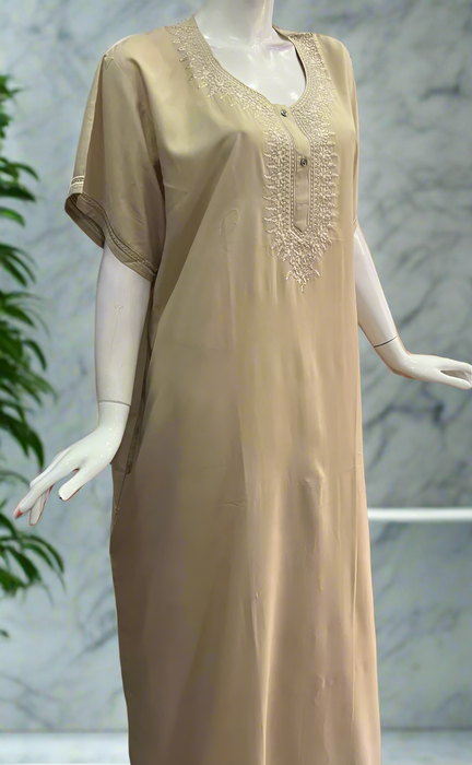 Beige Embroidery Soft Cotton Nighty. Soft Breathable Fabric | Laces and Frills