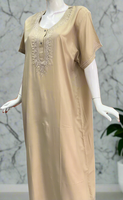 Beige Embroidery Soft Cotton Nighty. Soft Breathable Fabric | Laces and Frills