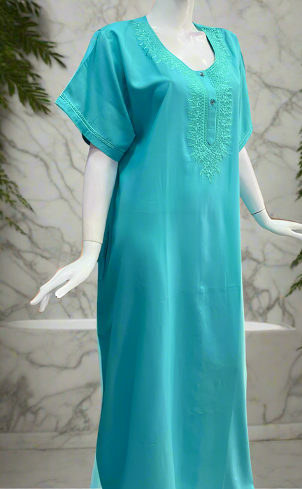 Turquoise Blue Embroidery Soft Cotton Nighty. Soft Breathable Fabric | Laces and Frills