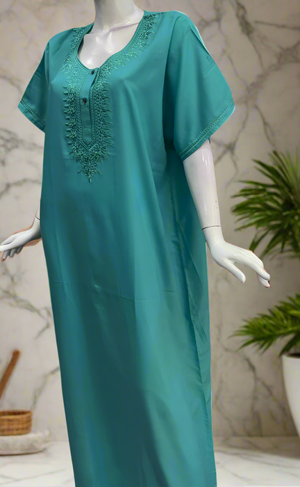 Turquoise Blue Embroidery Soft Cotton Nighty. Soft Breathable Fabric | Laces and Frills