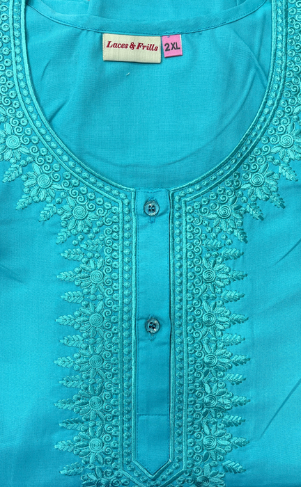 Turquoise Blue Embroidery Soft Cotton Nighty. Soft Breathable Fabric | Laces and Frills