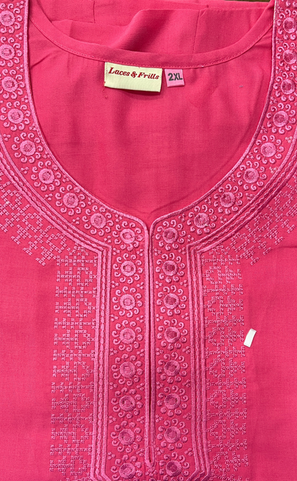 Rani Pink Embroidery Soft Cotton Nighty. Soft Breathable Fabric | Laces and Frills