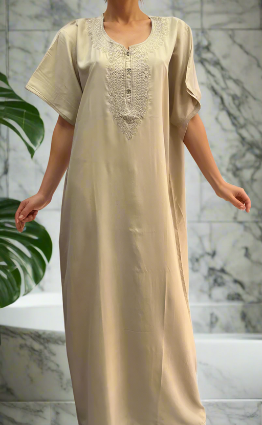 Beige Embroidery Soft Cotton Nighty. Soft Breathable Fabric | Laces and Frills