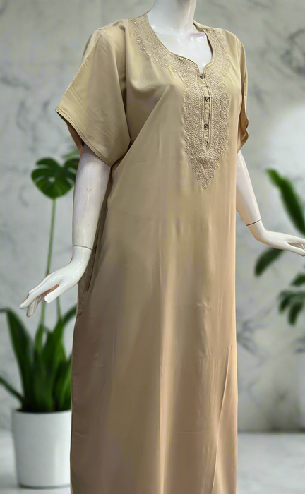 Beige Embroidery Soft Cotton Nighty. Soft Breathable Fabric | Laces and Frills