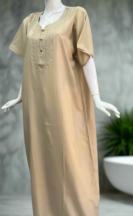 Beige Embroidery Soft Cotton Nighty. Soft Breathable Fabric | Laces and Frills