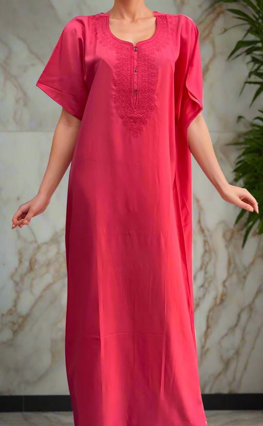 Rani Pink Embroidery Soft Cotton Nighty. Soft Breathable Fabric | Laces and Frills