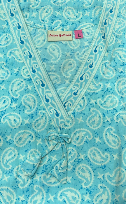 Turquoise Blue Manga Motif Pure Cotton Nighty. Pure Durable Cotton | Laces and Frills