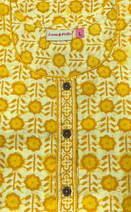 Yellow Floral Pure Cotton Nighty. Pure Durable Cotton | Laces and Frills