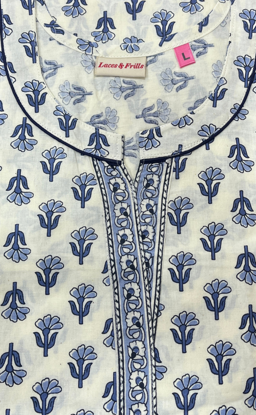 Off White/Blue Tiny Flora Pure Cotton Nighty. Pure Durable Cotton | Laces and Frills