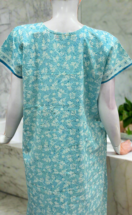 Turquoise Blue Leafy Pure Cotton Nighty. Pure Durable Cotton | Laces and Frills