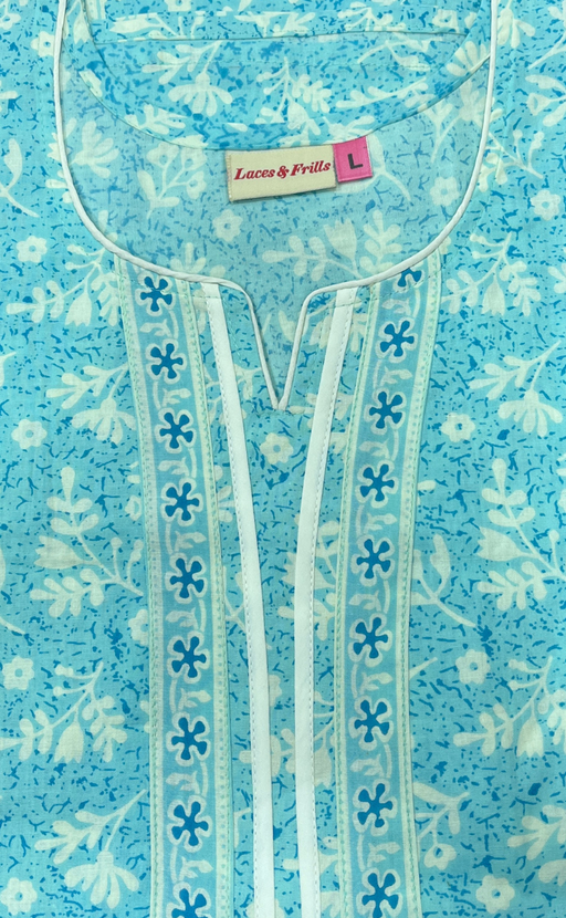 Turquoise Blue Leafy Pure Cotton Nighty. Pure Durable Cotton | Laces and Frills