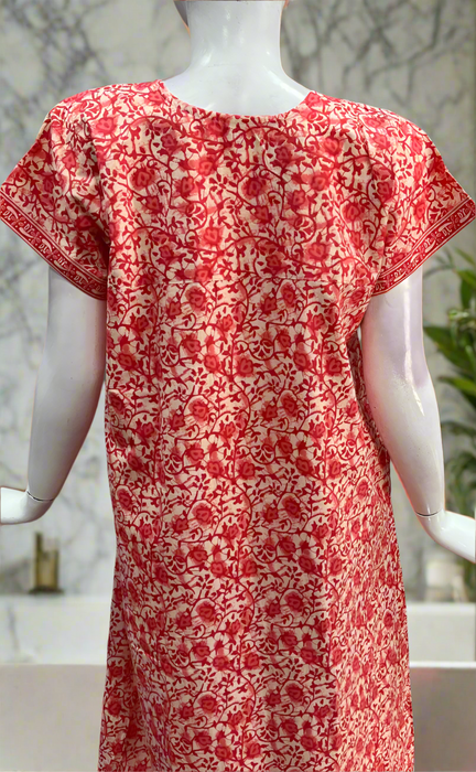 Red Floral Garden Pure Cotton Nighty. Pure Durable Cotton | Laces and Frills