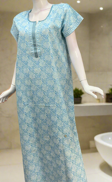 Light Blue Floral Pure Cotton Nighty. Pure Durable Cotton | Laces and Frills