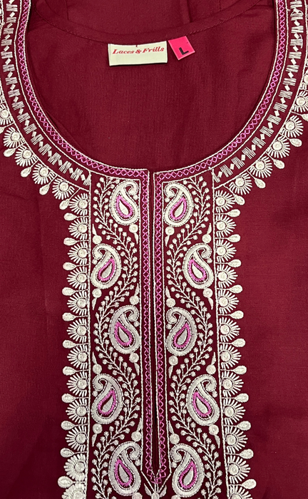 Maroon Embroidery Soft Cotton Nighty. Soft Breathable Fabric | Laces and Frills