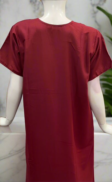 Maroon Embroidery Soft Cotton Nighty. Soft Breathable Fabric | Laces and Frills