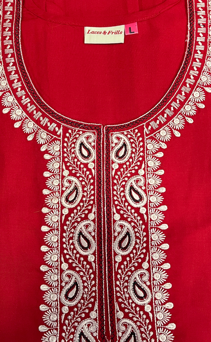 Red Embroidery Soft Cotton Nighty. Soft Breathable Fabric | Laces and Frills