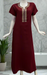 Maroon Embroidery Soft Cotton Nighty. Soft Breathable Fabric | Laces and Frills