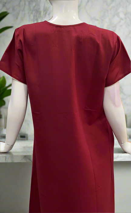 Maroon Embroidery Soft Cotton Nighty. Soft Breathable Fabric | Laces and Frills