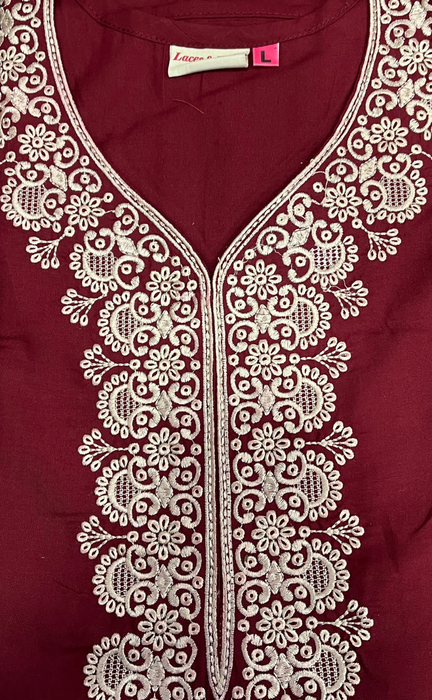 Maroon Embroidery Soft Cotton Nighty. Soft Breathable Fabric | Laces and Frills