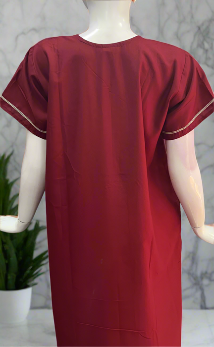 Maroon Embroidery Soft Cotton Nighty. Soft Breathable Fabric | Laces and Frills