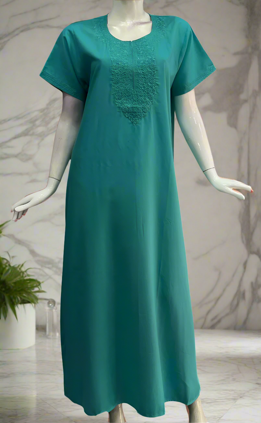 Turquoise Green Embroidery Soft Cotton Nighty. Soft Breathable Fabric | Laces and Frills