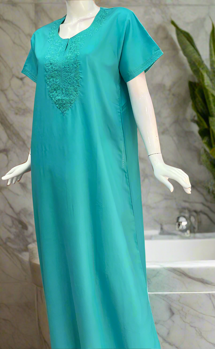 Turquoise Green Embroidery Soft Cotton Nighty. Soft Breathable Fabric | Laces and Frills