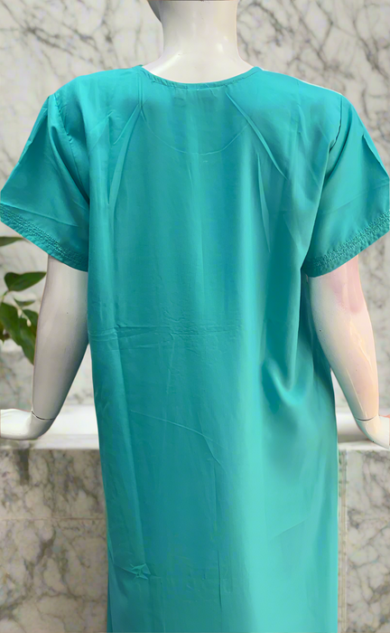 Turquoise Green Embroidery Soft Cotton Nighty. Soft Breathable Fabric | Laces and Frills