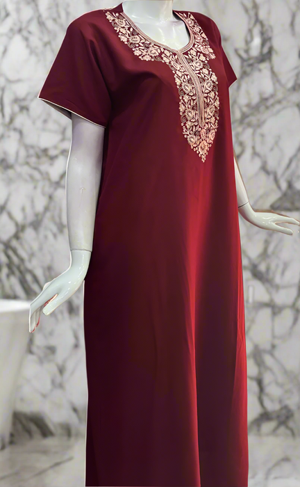 Maroon Embroidery Soft Cotton Nighty. Soft Breathable Fabric | Laces and Frills