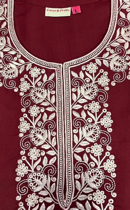 Maroon Embroidery Soft Cotton Nighty. Soft Breathable Fabric | Laces and Frills