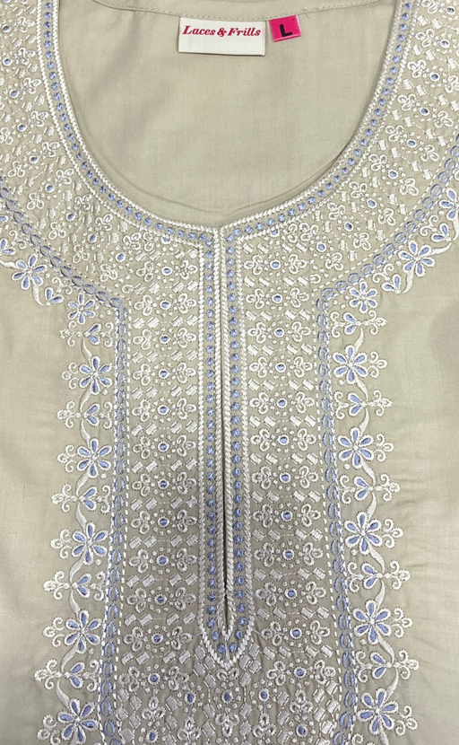 Cream/Blue Embroidery Soft Cotton Nighty. Soft Breathable Fabric | Laces and Frills