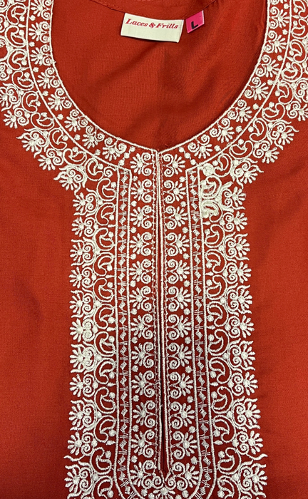 Rust Maroon Embroidery Soft Cotton Nighty. Soft Breathable Fabric | Laces and Frills