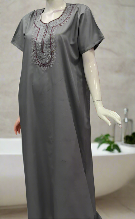 Ash Grey/Maroon Embroidery Soft Cotton Nighty. Soft Breathable Fabric | Laces and Frills