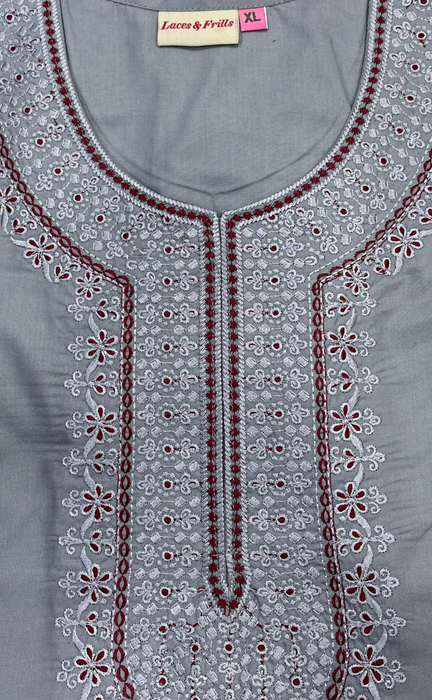 Ash Grey/Maroon Embroidery Soft Cotton Nighty. Soft Breathable Fabric | Laces and Frills